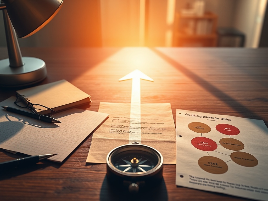 "Sunlit desk" "compass" "upward arrow path" "overlapping calendar pages" "quiet practice notes" "warm glowing client circles" "dynamic sprint energy". "You MUST not include ANY brand images or logos."