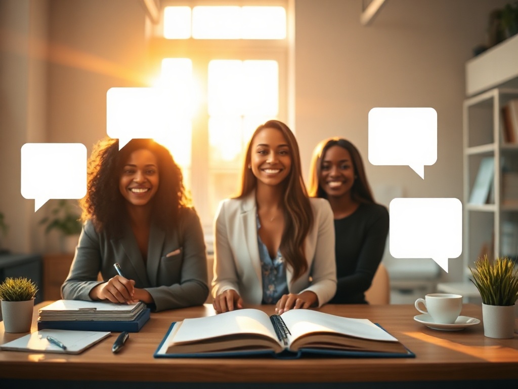 "warm summer sunlight over a calm office desk, open notebook, smiling diverse professionals in soft focus, floating blank speech bubbles, hopeful atmosphere, modern neutral colors"
