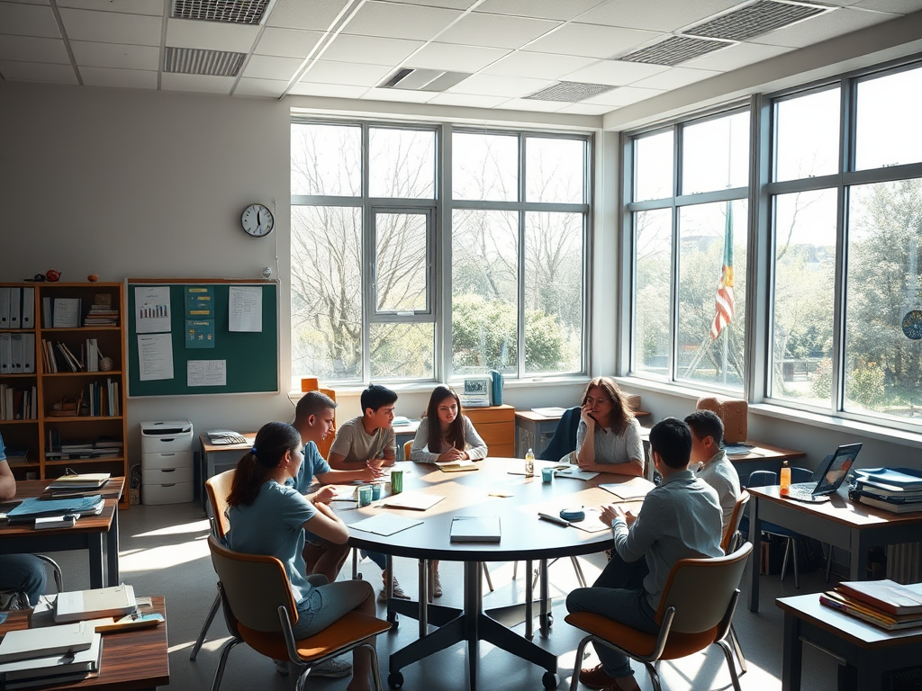 Een rustige klaslokaal met een grote raampartij en actieve studenten.