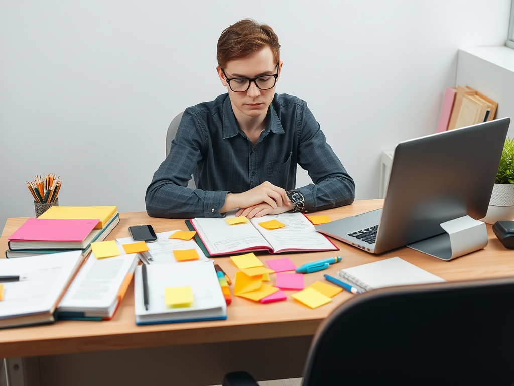 Een persoon aan een bureau, omringd door notities en een laptop.