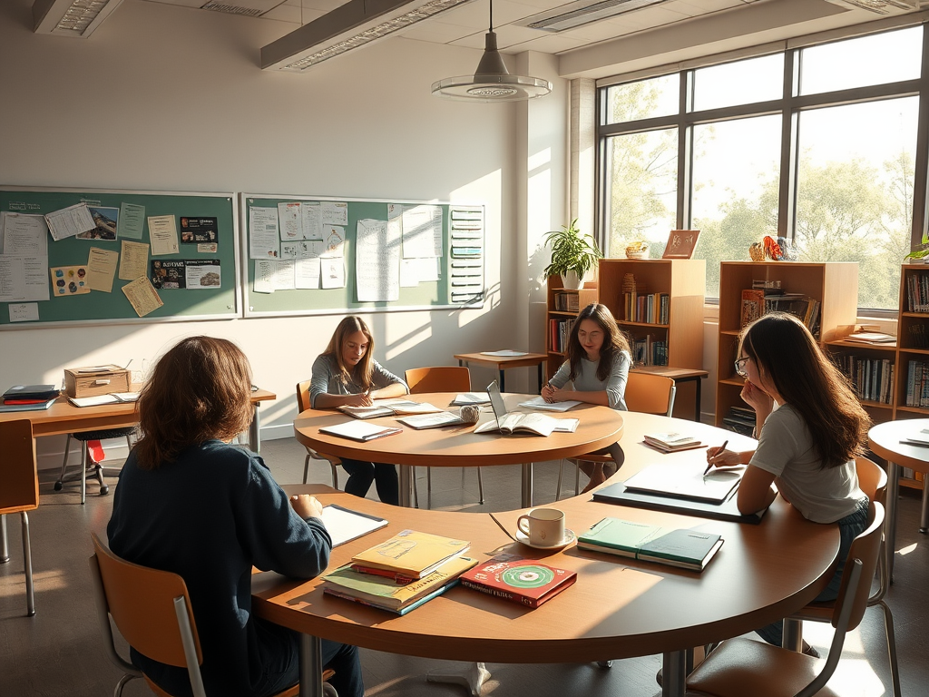 Een rustige klas met zonlicht, studenten aan een ronde tafel.