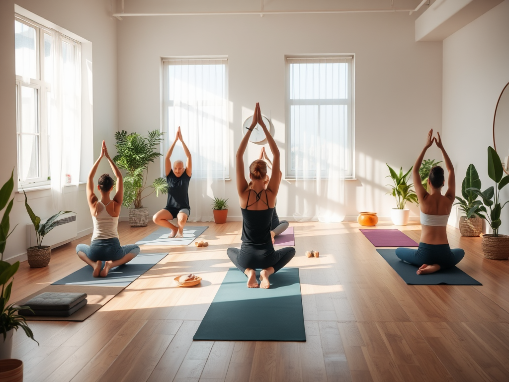 Een serene yogastudio met mensen die verschillende houdingen oefenen.