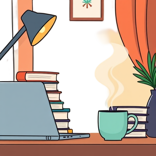 Een knusse thuiswerkplek met een laptop en boeken.