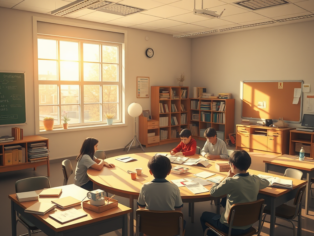 Een rustige klaslokaal met zonlicht, leerlingen rond een tafel.