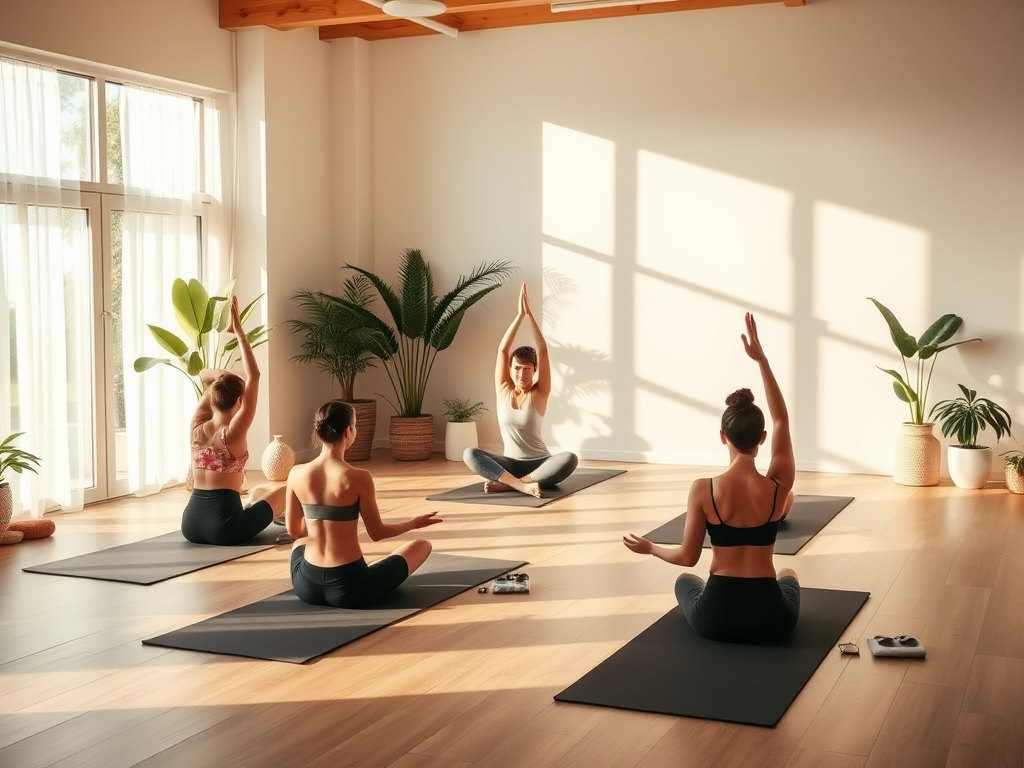 Een rustige yogastudio met deelnemers die verschillende poses uitvoeren.