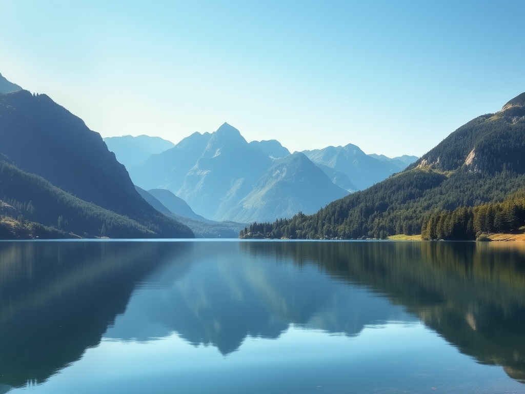 Een rustiek landschap met een kalm meer omringd door bergen.