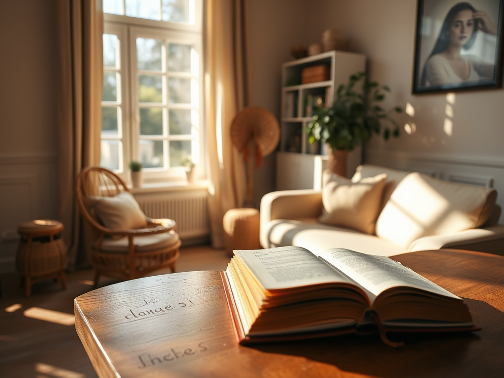Een rustige kamer met natuurlijk licht en een open boek.