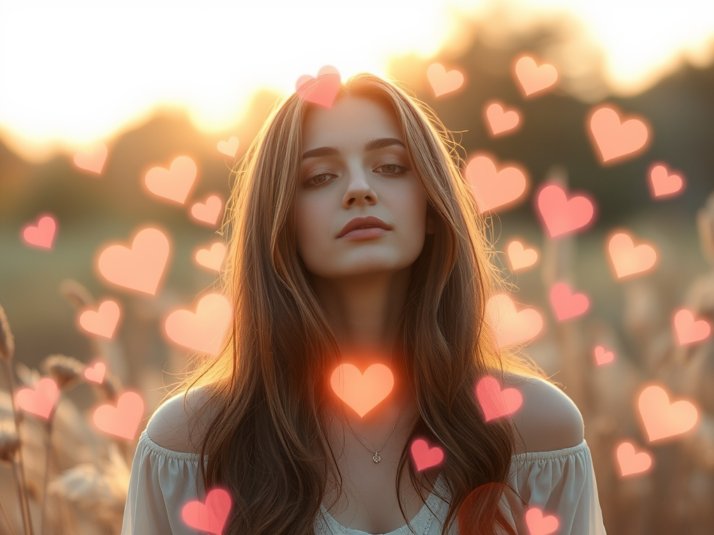 A serene woman surrounded by glowing "hearts" and soft "light orbs," in a peaceful "nature setting" with gentle "pastel colors" and warm "sunlight."