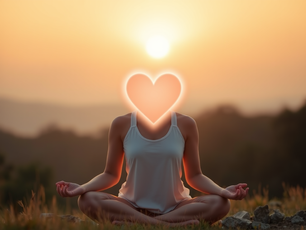 "Serene woman meditating" "soft glowing heart symbol" "gentle sunrise background" "calm nature setting" "warm pastel colors"