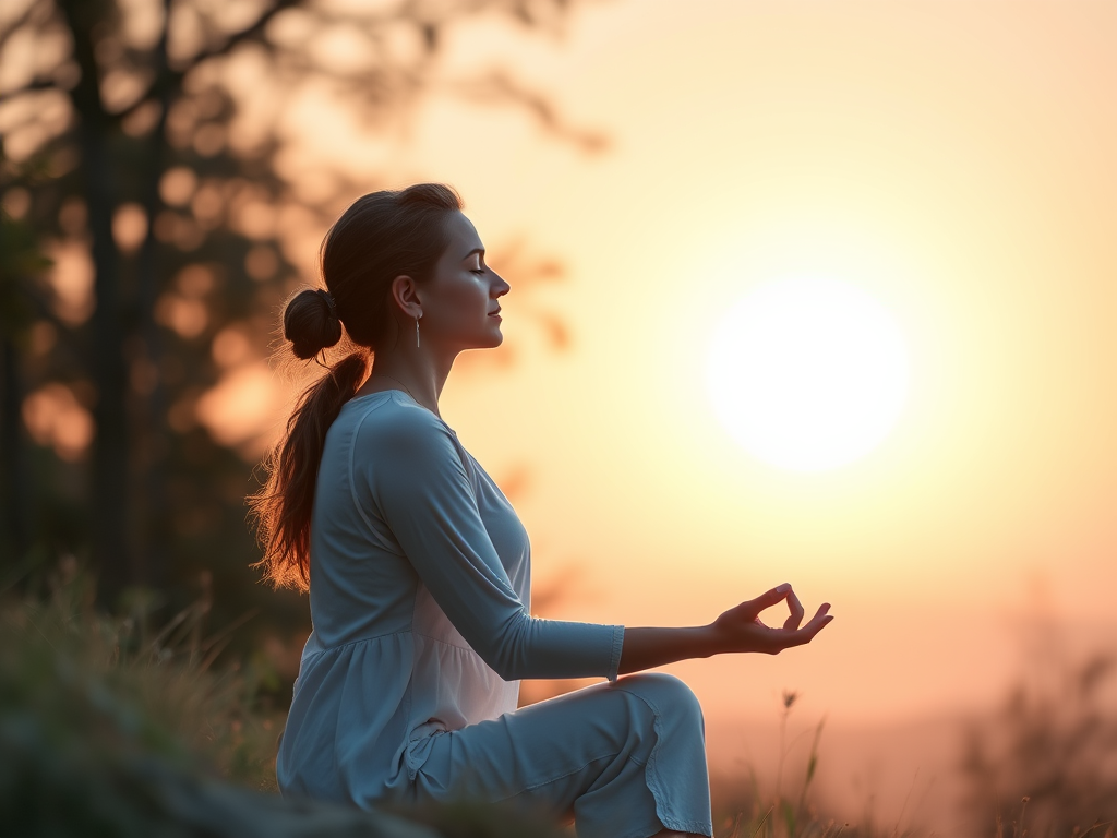 "Serene woman meditating" "soft glowing heart symbol" "gentle sunrise background" "calm nature setting" "warm pastel colors"