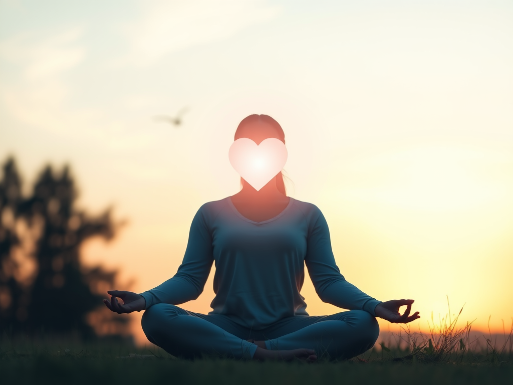 "Serene woman meditating" "soft glowing heart symbol" "gentle sunrise background" "calm nature setting" "warm pastel colors"