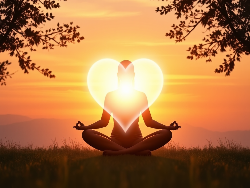 "Serene woman meditating" "soft glowing heart symbol" "gentle sunrise background" "calm nature setting" "warm pastel colors"