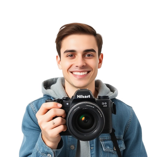 Een glimlachende persoon met een camera op een witte achtergrond.