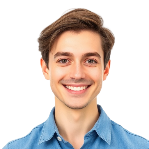 Een persoon die naar de camera lacht op een witte achtergrond.