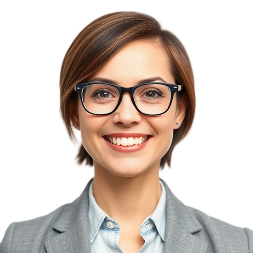 Een persoon met een glimlach voor een witte achtergrond.