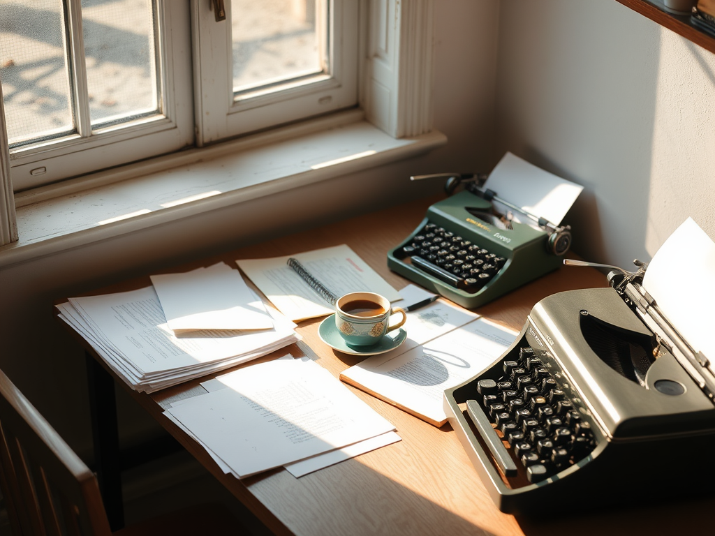 Een schrijversbureau met typewriters en een kop koffie.