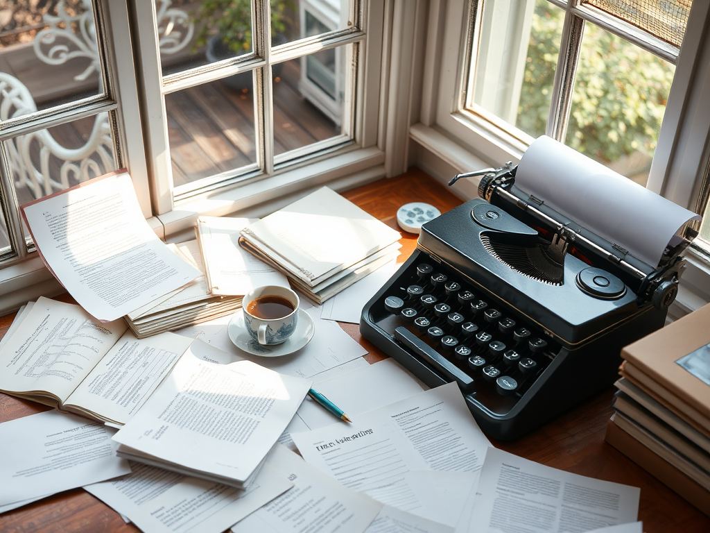 Een serene schrijversdesk bij een raam met een typewriter.