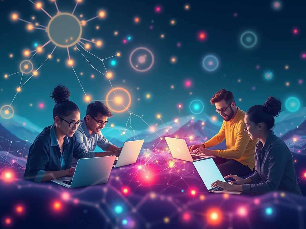 Een levendig digitaal landschap met mensen die samenwerken.