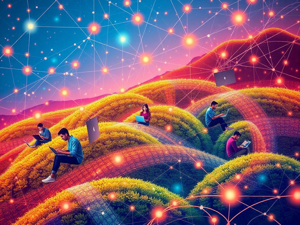 Een levendig digitaal landschap met mensen op laptops.