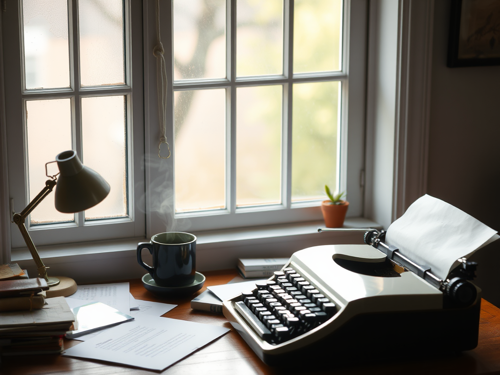 Een schrijversbureau bij een raam met een typemachine.