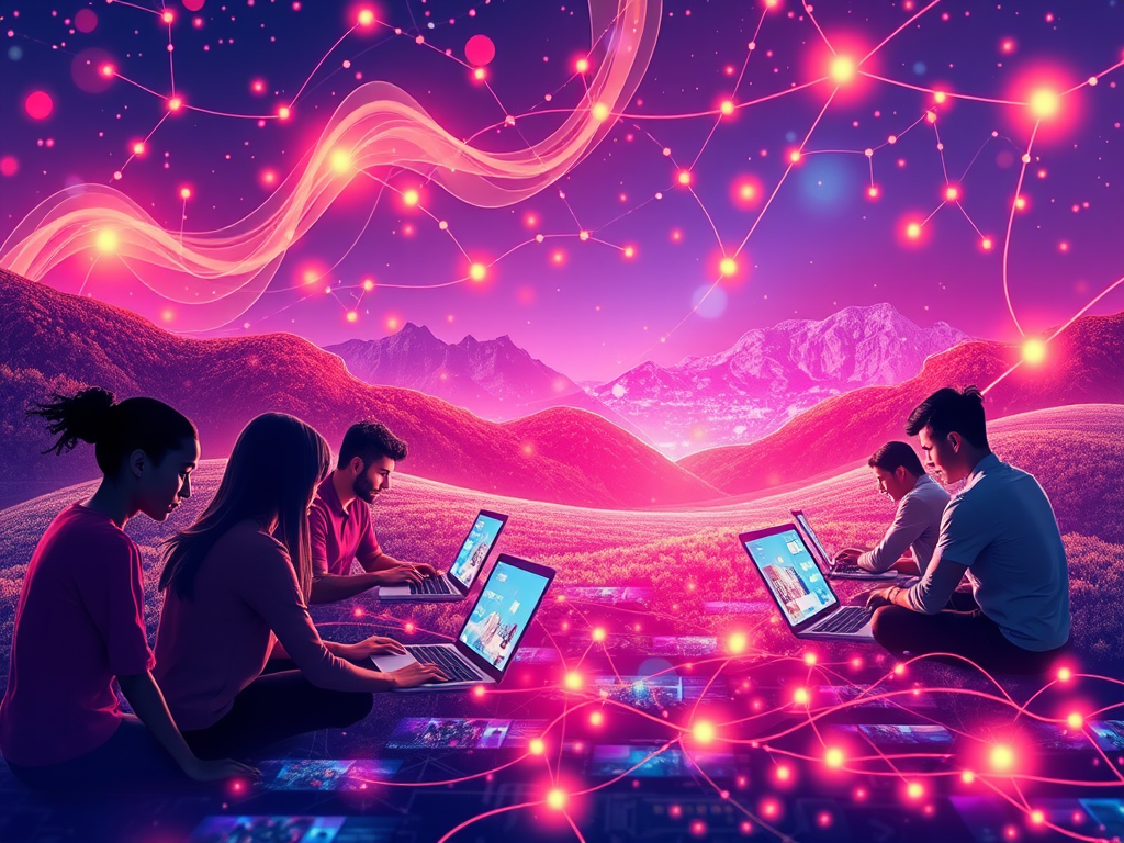 Een levendig digitaal landschap met mensen op laptops.