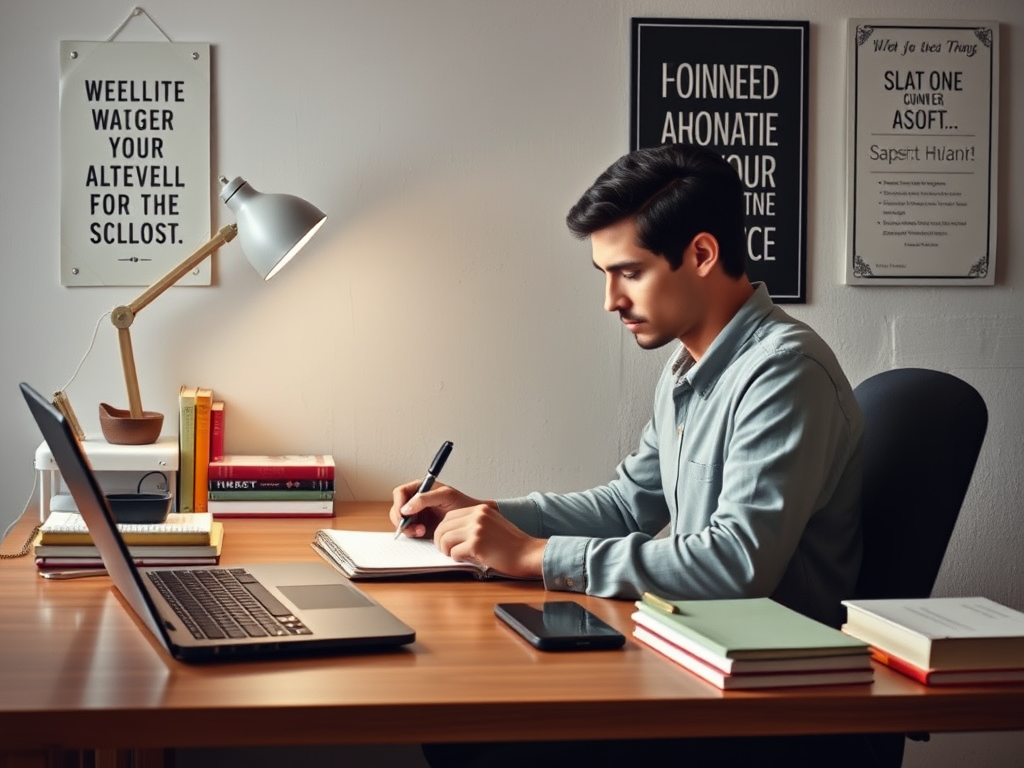 Een persoon schrijft in een notitieboek aan een bureau.