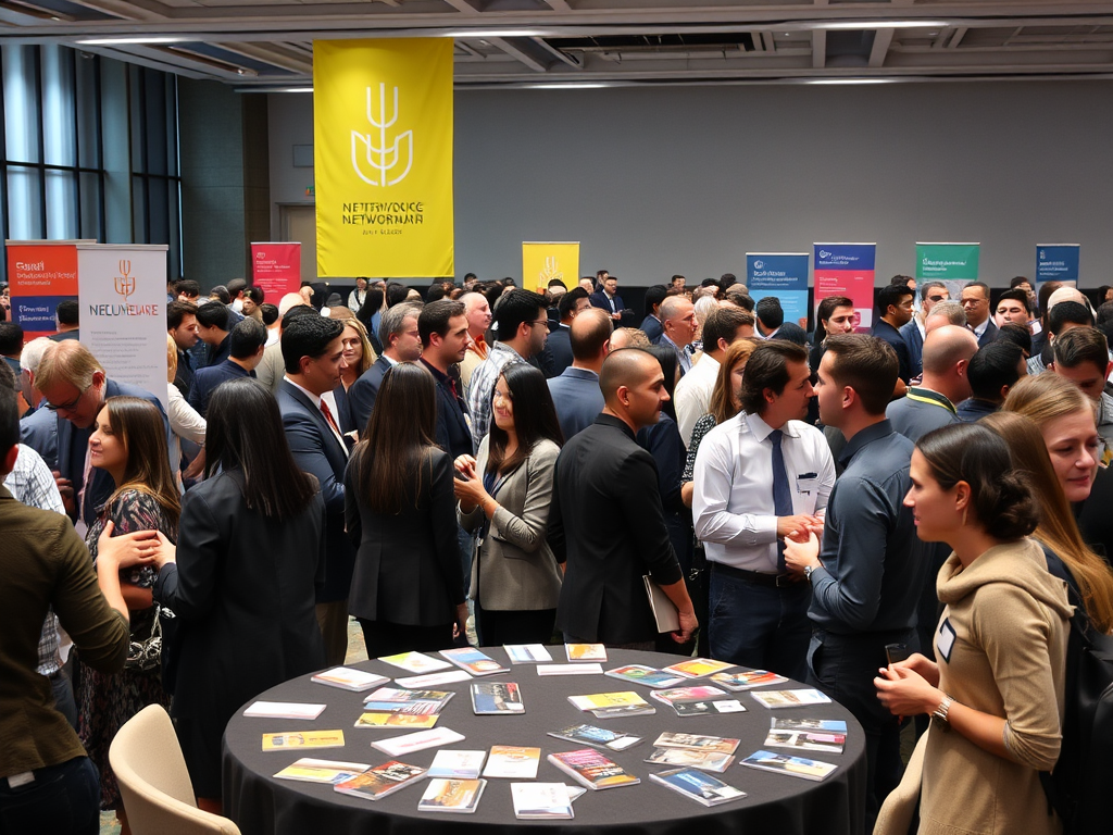 Een diverse groep professionals in gesprek op een netwerkevenement.