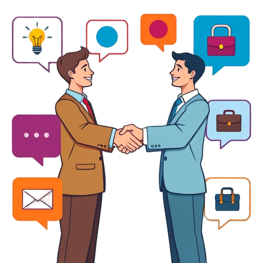 Twee mensen schudden handen, omringd door spraakballonnen.