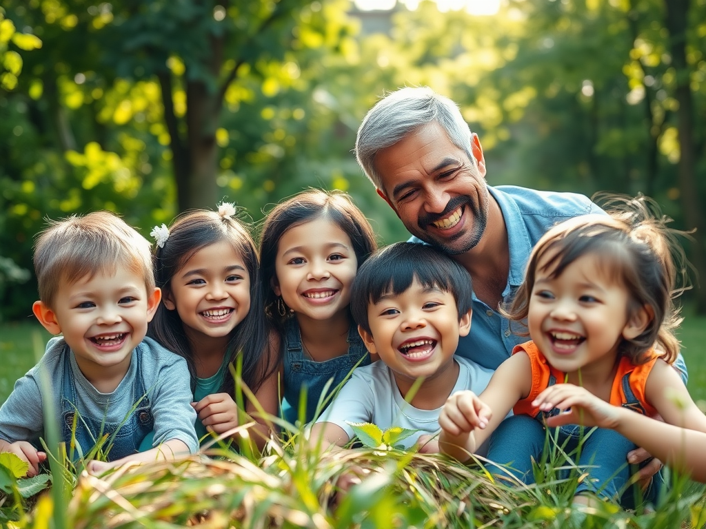 A joyful family outdoors, children exploring nature with playful curiosity, vibrant greenery, sunlight filtering through trees, happy expressions, engaging in a fun activity together.