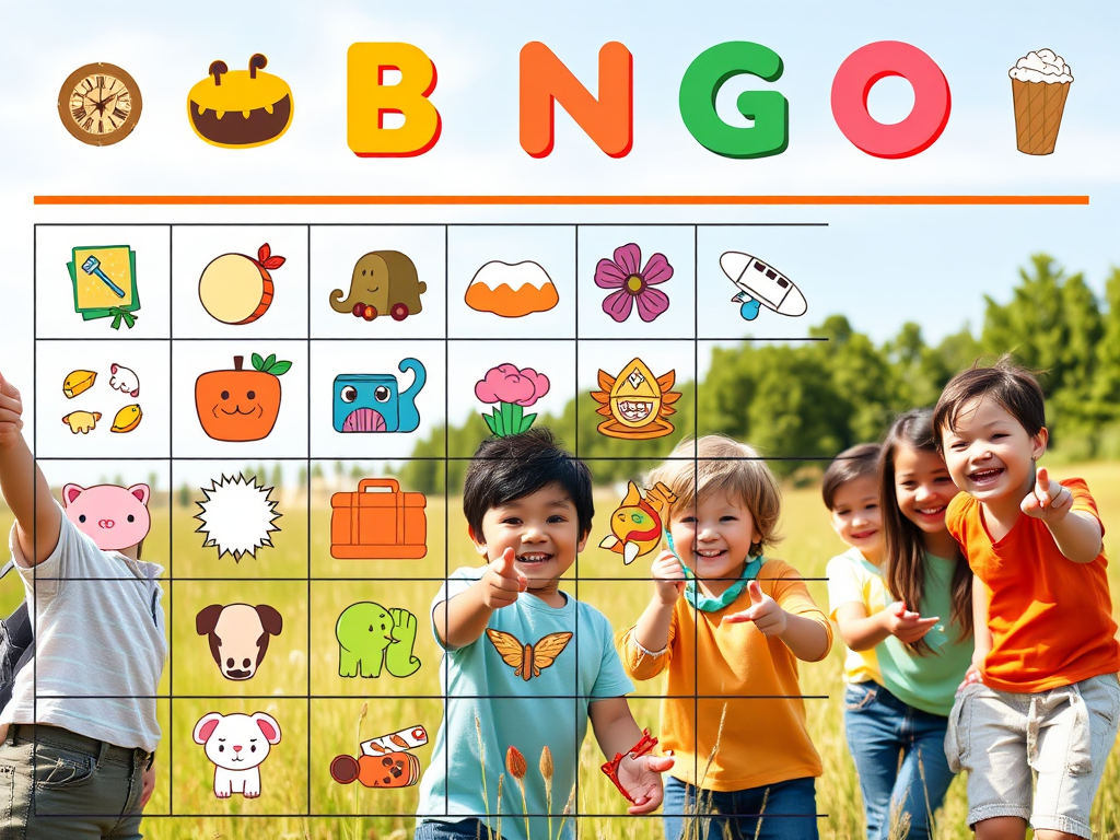 A colorful bingo card filled with 42 unique, playful icons; children exploring outdoors, smiling, pointing at objects; diverse group engaging joyfully in nature.