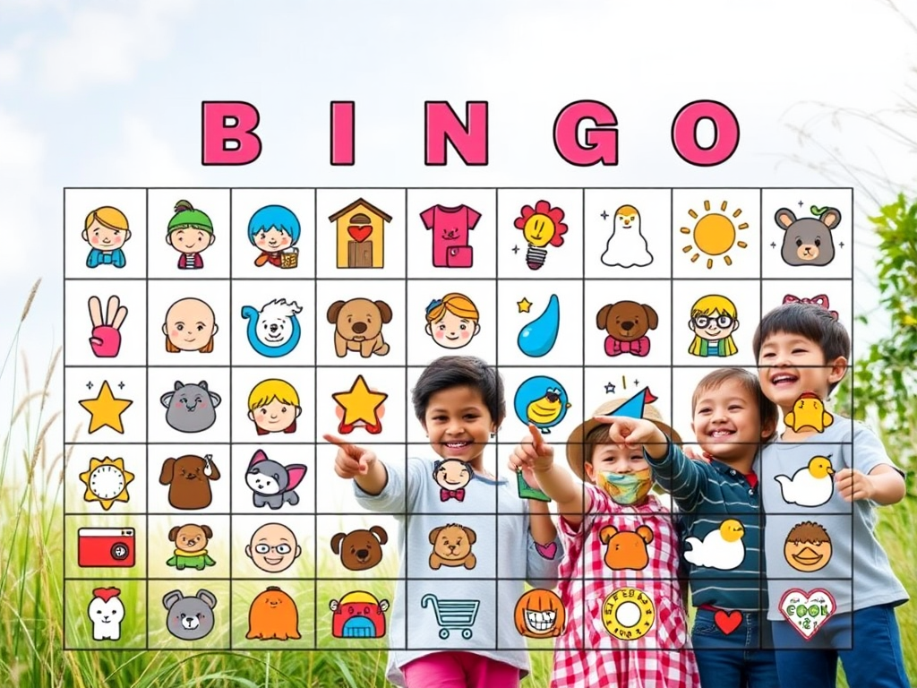 A colorful bingo card filled with 42 unique, playful icons; children exploring outdoors, smiling, pointing at objects; diverse group engaging joyfully in nature.