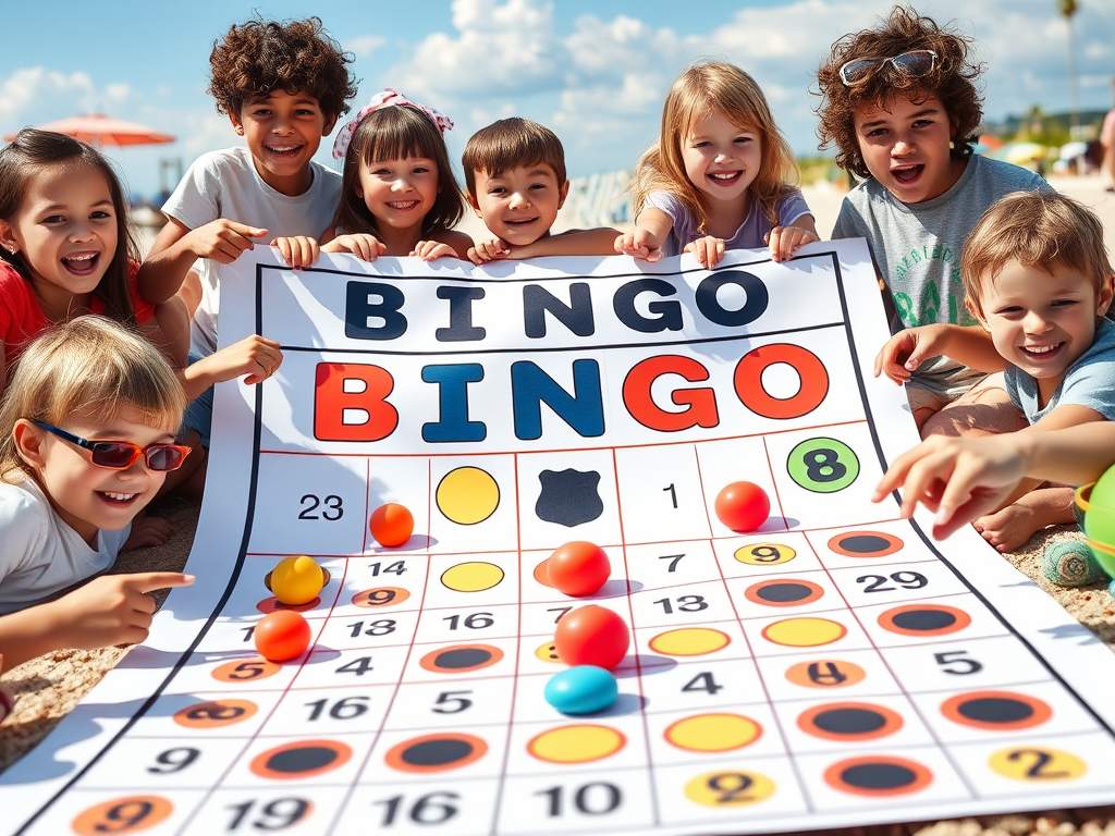 A colorful, oversized bingo card spread outdoors, surrounded by curious children pointing and smiling, with diverse faces and playful vacation scenery in the background.