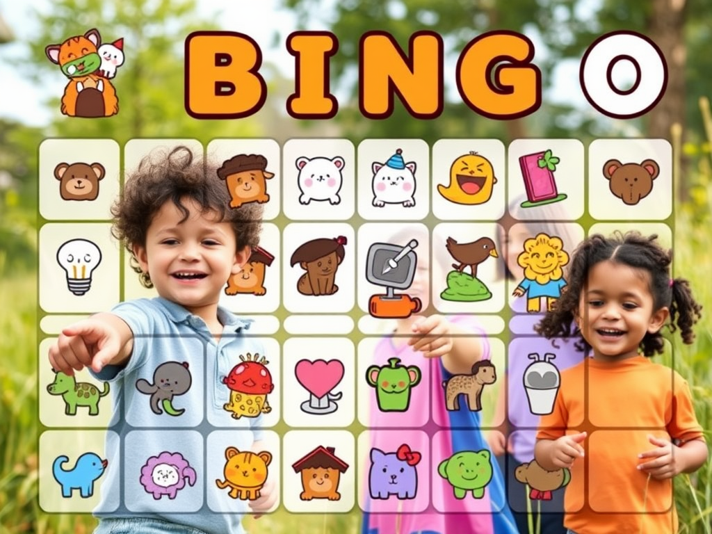 A colorful bingo card filled with 42 unique, playful icons; children exploring outdoors, smiling, pointing at objects; diverse group engaging joyfully in nature.