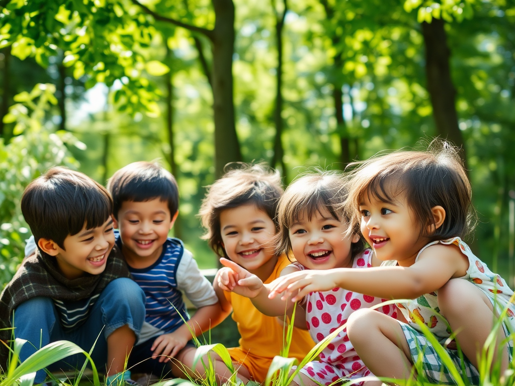 A joyful family outdoors, children exploring nature with playful curiosity, vibrant greenery, sunlight filtering through trees, happy expressions, engaging in a fun activity together.