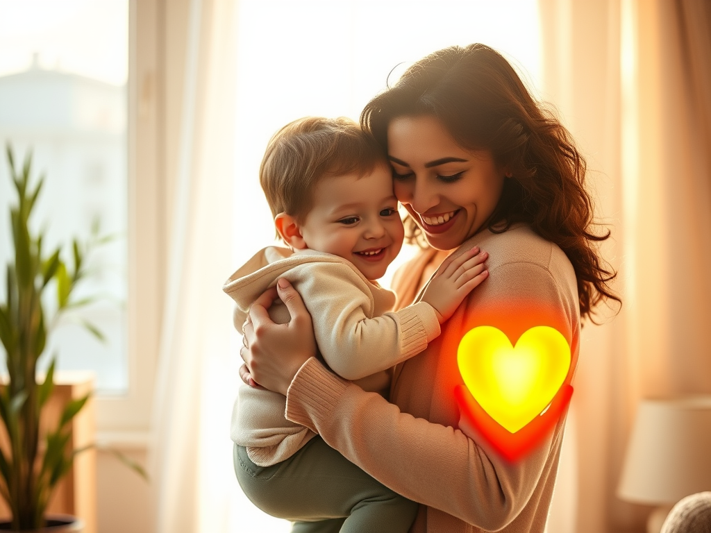 A serene mother embracing her child in a warm, sunlit room, "soft pastel colors," "gentle smiles," "calm atmosphere," "symbolic glowing heart," and "peaceful home setting."