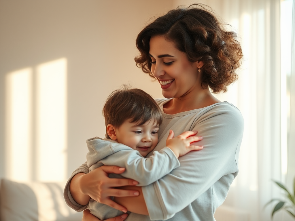 A serene mother embracing her child in a warm, sunlit room, "soft pastel colors," "gentle smiles," "calm atmosphere," "symbolic glowing heart," and "peaceful home setting."