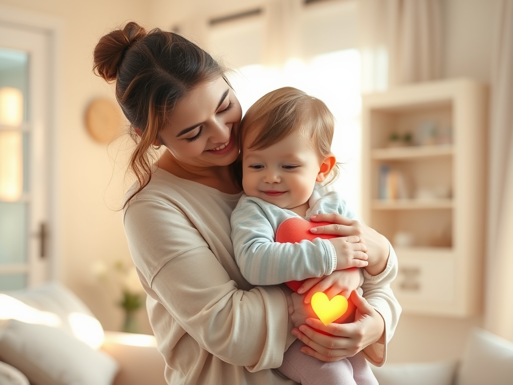 A serene mother embracing her child in a warm, sunlit room, "soft pastel colors," "gentle smiles," "calm atmosphere," "symbolic glowing heart," and "peaceful home setting."