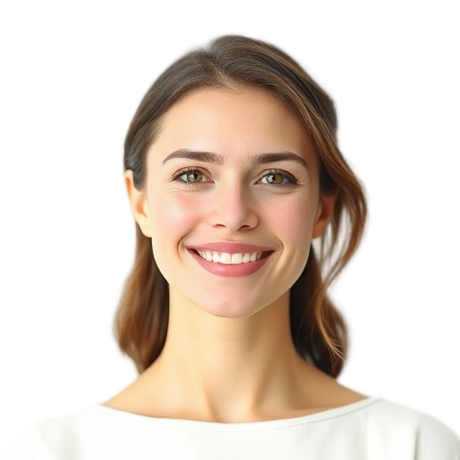 A smiling woman with soft lighting, natural makeup, warm expression, white background, conveying calmness and confidence.