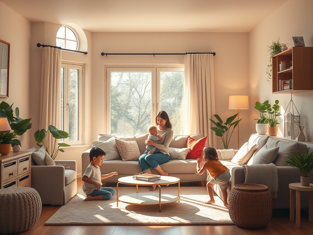 A warm, cozy family living room "soft sunlight streaming through windows" "a mother gently holding her child" "children playing happily nearby" "calm, peaceful atmosphere" "subtle hints of love and connection"