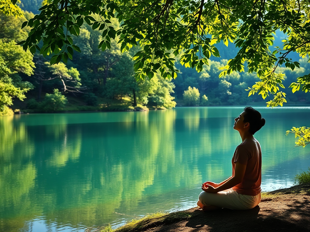 Een persoon mediteert rustig aan een vredig meer.