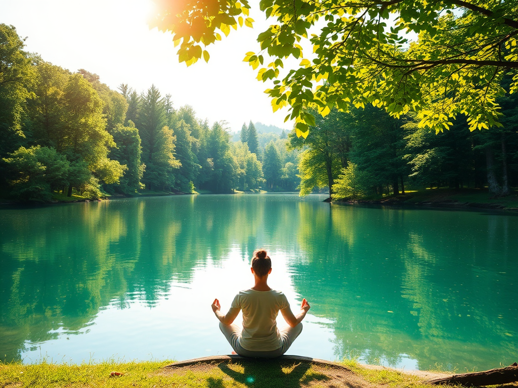 Een rustige landschap met een mediterende persoon bij een meer.