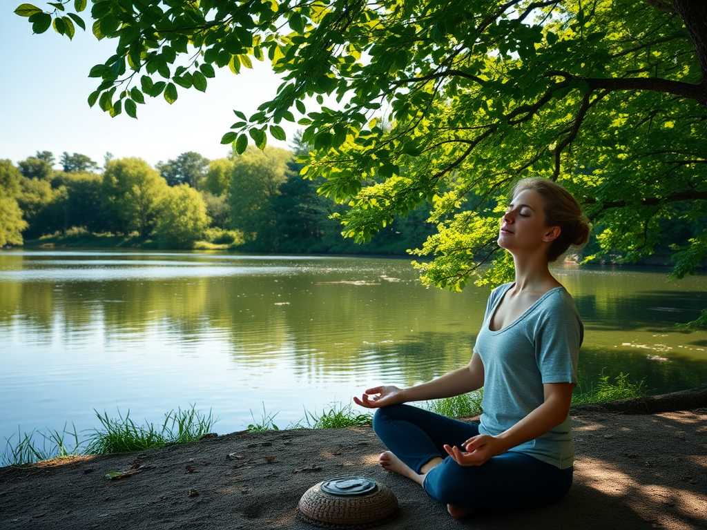 Een persoon mediteert aan een serene, rustige meer.