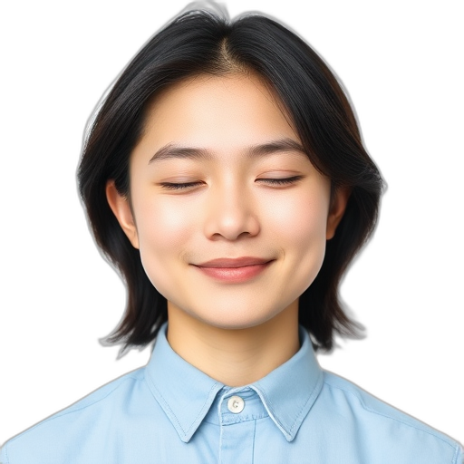 Een persoon die glimlacht met gesloten ogen.