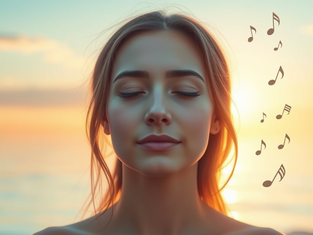 "calm person" "soft glowing light" "peaceful nature background" "gentle waves" "serene expression" "warm pastel colors" "subtle musical notes floating"
