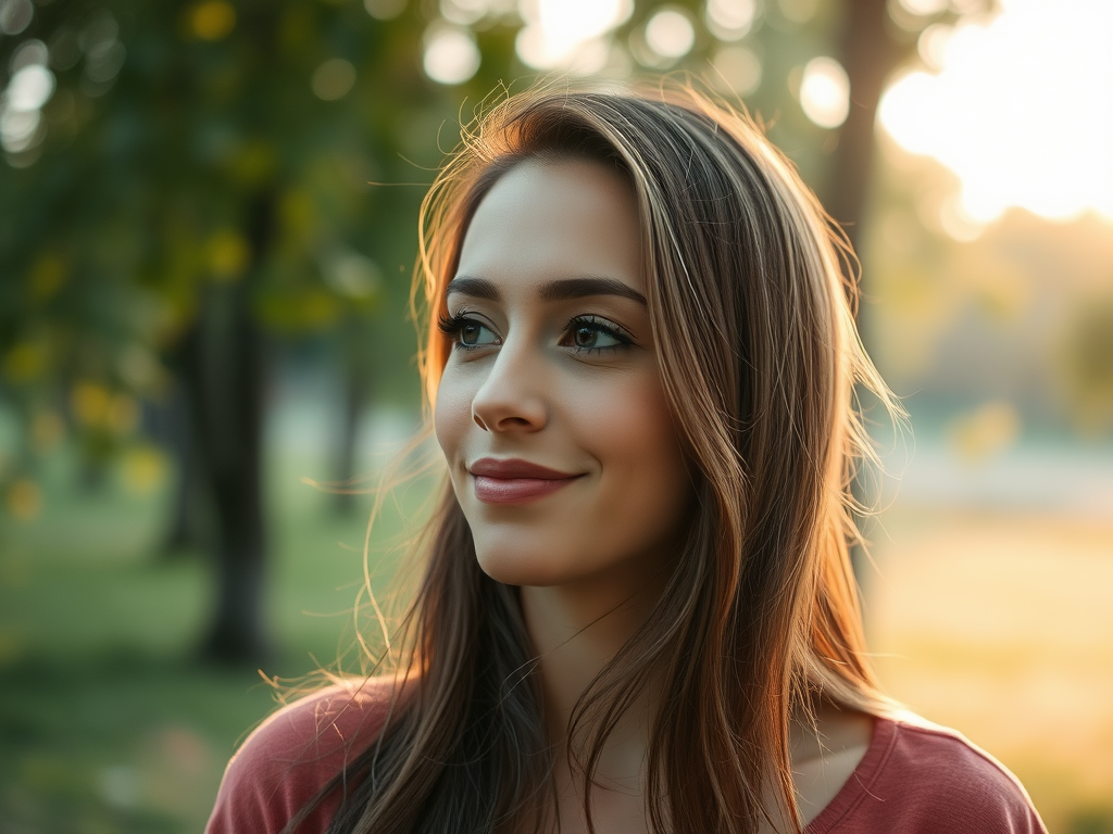 "calm serene woman" "peaceful nature background" "soft morning light" "gentle breeze through trees" "relaxed, content expression"