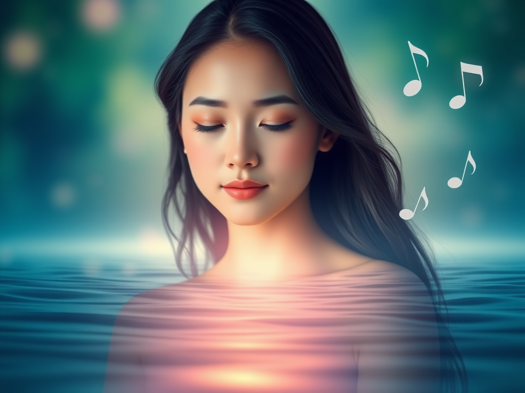 "calm person" "soft glowing light" "peaceful nature background" "gentle waves" "serene expression" "warm pastel colors" "subtle musical notes floating"
