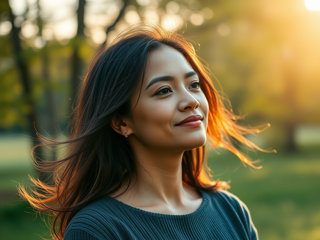 "calm serene woman" "peaceful nature background" "soft morning light" "gentle breeze through trees" "relaxed, content expression"