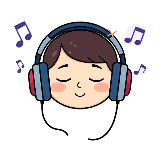 "headphones" "calm face" "musical notes" "peaceful waves" "soft colors" "meditation pose"