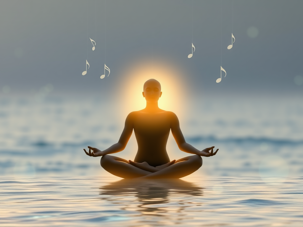 "a serene person meditating" "soft glowing light surrounding them" "calm nature background with gentle waves" "floating musical notes and subtle sound waves" "peaceful, balanced atmosphere"