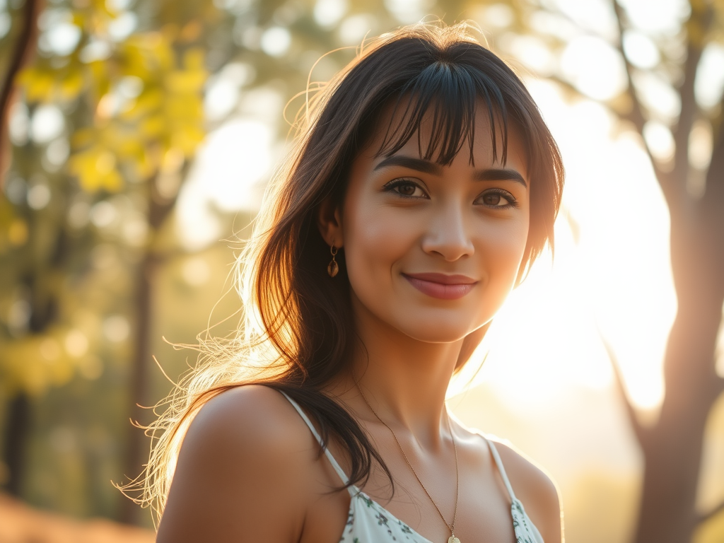"calm serene woman" "peaceful nature background" "soft morning light" "gentle breeze through trees" "relaxed, content expression"
